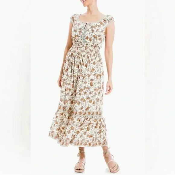 Max Studio Dresses & Skirts - MAX STUDIO - Floral Smocked Maxi Dress Orange and Blue Print Size Small